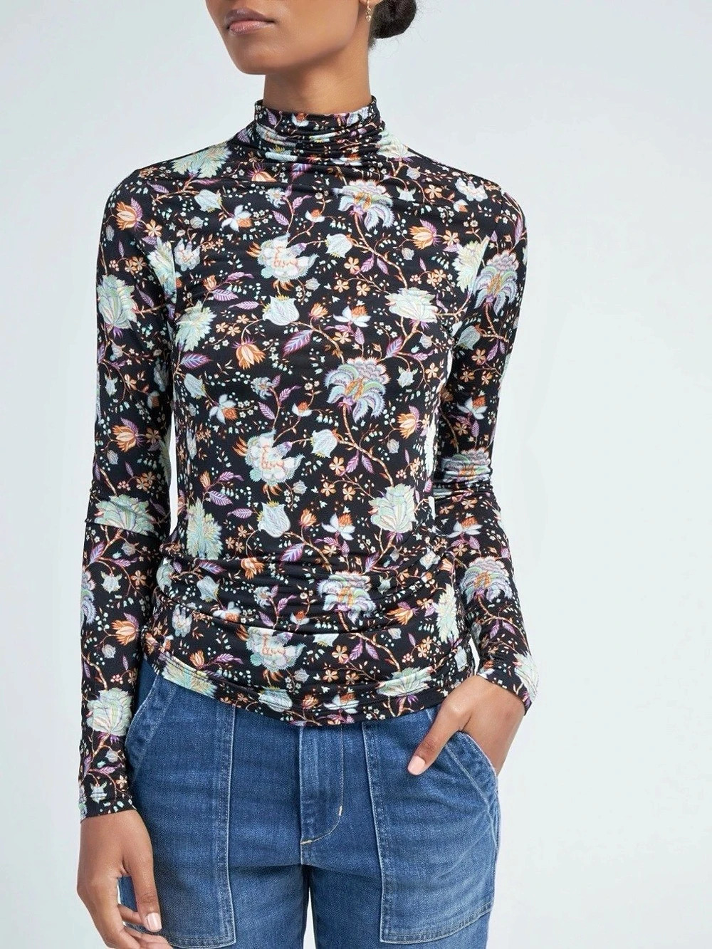 Ulla Johnson Aurelia Long Sleeve Slinky Turtleneck Floral Black Womens Medium